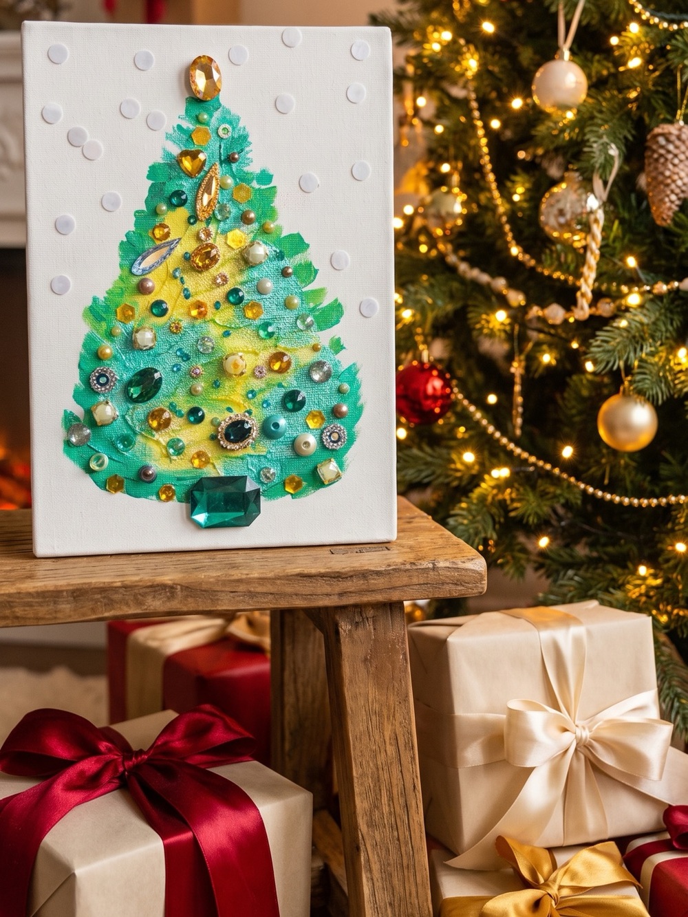Handcrafted Green Bejeweled Holiday Canvas Tree
